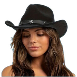 Adjustable Black Felt Cowboy Hat Unisex Western Style